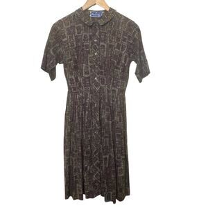 Vintage Muriel Ryan Division of Serbin Tiki Print Button Up Shirt Dress Pockets